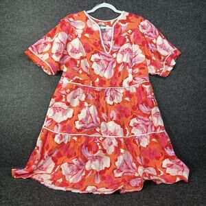 Vince Camuto Dress Women 14 Pink Swing Tiered Tropical short Sleeve Floral